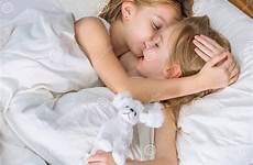 sisters little hugging bed two cute girl dreamstime stock preview
