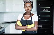 african woman crossed arms kitchen young maid stock alamy