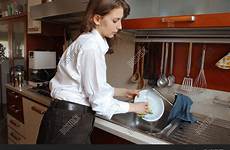 washing woman young dishes kitchen