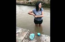 off underwear girl take hot bathing while river