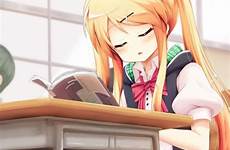 anime sitting safebooru school desk classroom girl skirt sleeping chair uniform karen saved kawaii girls original