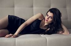 dress model lying down women hot brunette girl hair couch side wallpaper 4k looking viewer ilya baranov indoors gray eyes