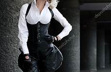 mistress young lady leather blond corset streets white wearing stock model emotions trousers gloves lips bright behind without shirt any