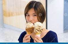 cream ice girl cute eating asian cones japanese teenager having large stock woman preview