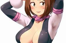 uraraka ochako academia hero boku bra rule 34 cleavage tight skin big bodysuit breasts xxx danbooru minakami original areola yande