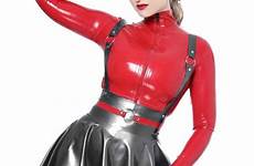 latex rubber skirt straps shaker shoulder women clothing designer