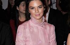 braless sheer jenner kendall blouse cleavage pink show down fashion her worn flashes pfw off paris headed week scroll metallic