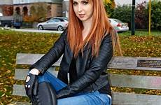 leather jacket boots girls gloves jeans women sexy amateur redhead high beautiful knee burgundy cute outfit heels bench thigh fashion