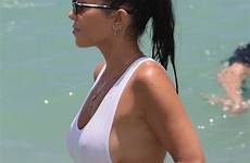 kardashian kourtney swimsuit miami beach white her relaxes slinky sideboob shows she off hawtcelebs sexy