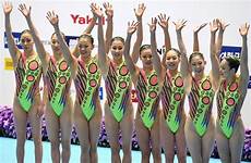 swimming team japan synchronized mainichi open tokyo wins event routine reacts cheers crowd finishing technical its after