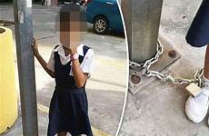 girl school punishment daughter cruel chained mother ties chain pole skipping punished express her malaysia horrified lampost mum post
