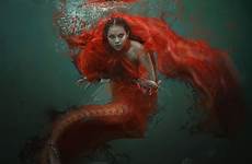 mermaid fantasy red girl vasylina sea fish pisces water zodiac dark wallpaper deviantart blood mermaids digital underwater siren hair desktop