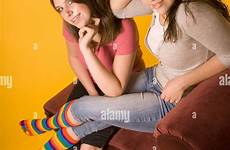 teen girls socks teens wearing two mismatched stock royalty colorful usa alamy high