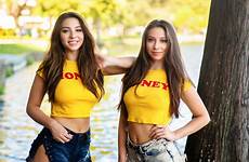 women model twins rankin sisters crop hair brunette wallpaper jean christopher shorts smiling belly looking outdoors button touching models gaby