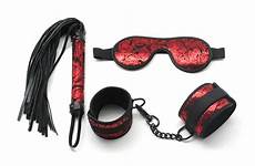 bondage kit adult contains rosy restraints handcuffs flogger whip blindfold faux leather red erotic game mouse zoom over