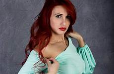 boobs big beautiful redhead woman young turquoise portrait gray dress background preview covering blue