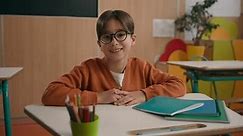 Happy private school boy primary elementary learn schoolboy Caucasian son kid child pupil learner in glasses health medicine at desk at class lesson smile looking at camera education studying smiling
