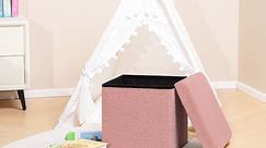 PINPLUS 12.6" Small Storage Ottoman Cube Toy Chest Box Modern Folding Footrest Stool Seat,Sherpa Fabric,Pink