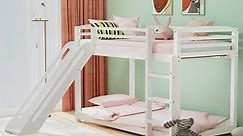 Kacho Twin over Twin Bunk Bed with Slide, Wood Bunk Bed for Kids Teens Adults, Twin Bunk Bed Frame with Convertible Slide and Ladder, Bunk Bed for Bedroom Dormitory, No Box Spring Needed, White