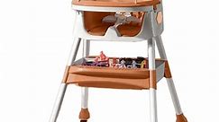 Hurber 4 in 1 Baby High Chair, Child Feeding Chair with Five-Point Harness, Retractable Detachable Dining Plate，Brakable Universal Wheel, Toy Rack, Coffee