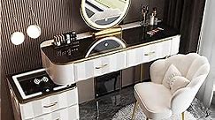Makeup Vanity Set with Wireless Charging Station, Dressing Table with Mirror and Lights, Vanity Desk with Storage Cabinet and Chair for Bedroom 47.2in/White