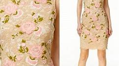 Calvin Klein Beige Pink Floral Lace Sheath Pencil Midi Dress Size 8