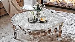Round Mirrored Coffee Table: 31.5 inches Large Decorative Bling Crushed Diamond Tabletop with Silver Mirror Crystal Edge Frame and Legs Luxury Modern Home Decor for Livingroom