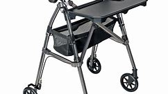 Stander Wonder Indoor Rollator with Tray and Basket, Lightweight Folding Mobility Rolling Walker for Seniors and Adults, Narrow Walker armrest with 6-inch Wheels, Locking Brakes, Black Walnut