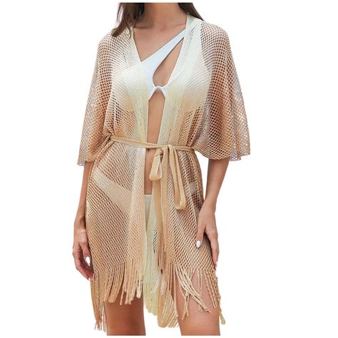 Danhjin Womens Swimsuit Cover up Cardigan Mesh Hollow out Ties up Solid ...