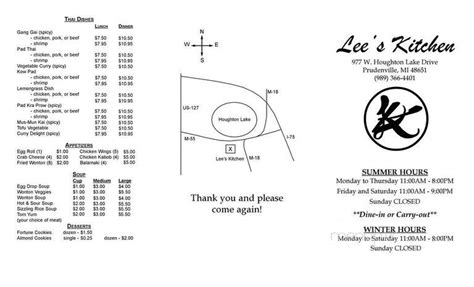 Zoë's kitchen is a fast casual restaurant chain that sells homespun, authentic mediterranean cuisine. Menu of Lee's Kitchen in Prudenville, MI 48651