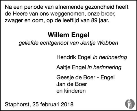 Willem engel to the world (in english) video recording from facebook live sorry for the bad quality. Willem Engel 25-02-2018 overlijdensbericht en condoleances ...