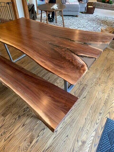 Black epoxy resin walnut river table. Live Edge Epoxy Resin Table With Bench | Table, Custom table, Dining table