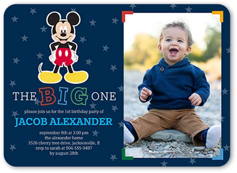 Photoshop template first 1st one birthday invite invitation card. Disney Mickey Mouse First Birthday Invitation For Baby Boy ...