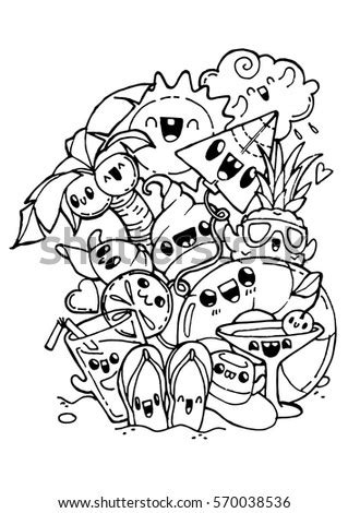 There are trees, mountains, stars and more. Summer Doodles Coloring Pages Kids Adult Stock Vector ...