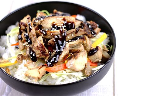 Teriyaki chicken, okara salad, daikon with chirimen jyako and rice. Spicy Hoisin Chicken Bowls