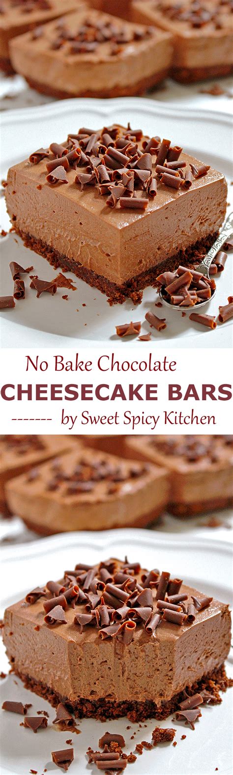 I am a big fan of anything that has chocolate, coconut and nuts in it. No Bake Chocolate Cheesecake Bars - Sweet Spicy Kitchen