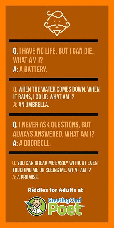 The riddles were harder to find than i expected, so i'm listing them here. Fun Riddles for Adults to Challenge the Mind | Greeting Card Poet | Funny riddles, Riddles with ...