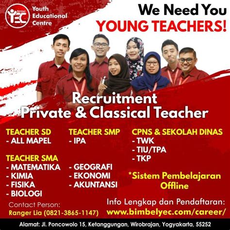 Waktu dalam bekerja terbagi menjadi 2 yaitu full time dan part time. Lowongan Kerja Teacher di Bimbel YEC - LokerJogja.ID