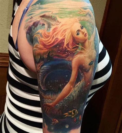 Sleeve tattoo is one of popular ideas for tattoo placement. Pretty Mermaid http://tattooideas247.com/mermaid-sleeve ...