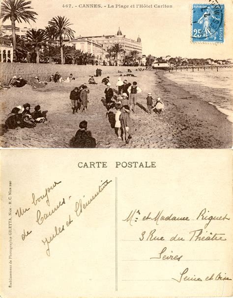 Cannes - La Plage et l'Hôtel Carlton - 1927 | Carte postale, Postale, Cannes