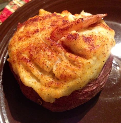 8 slices hickory smoked bacon 1 onion, diced 1/2 cup flour 3 (14.5 ounce) cans chicken broth 5 potatoes, baked, peeled and diced 1 teaspoon dried parsley flakes 2 cups half & half 1 cup sharp cheddar cheese, grated 1 cup sour. My Shrimp Stuffed Twice Baked Potato found on Pinterest ...