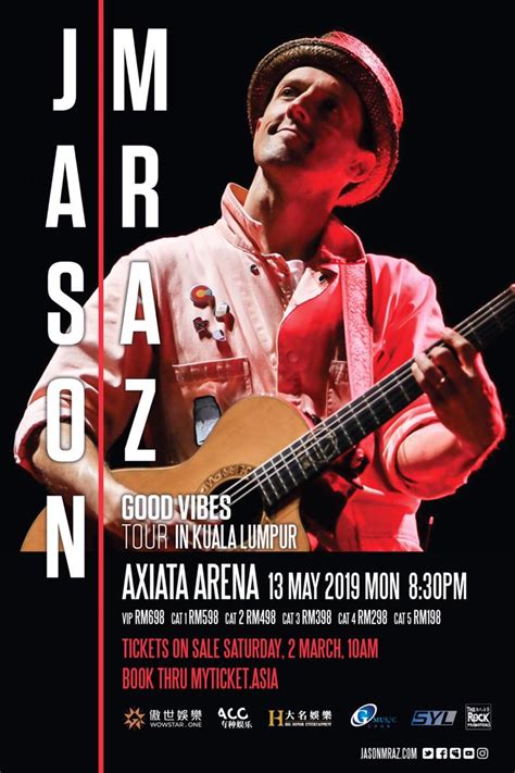 Jason mraz first performed in malaysia in 2009, followed by tour is a four letter word in 2012. Jason Mraz is bringing his good vibes to KL this May ...