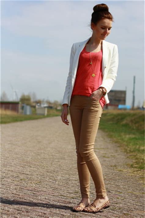 There's such a demand for the camel blazer. White Zara Blazers, Coral Mango Tops, Camel Primark Pants ...