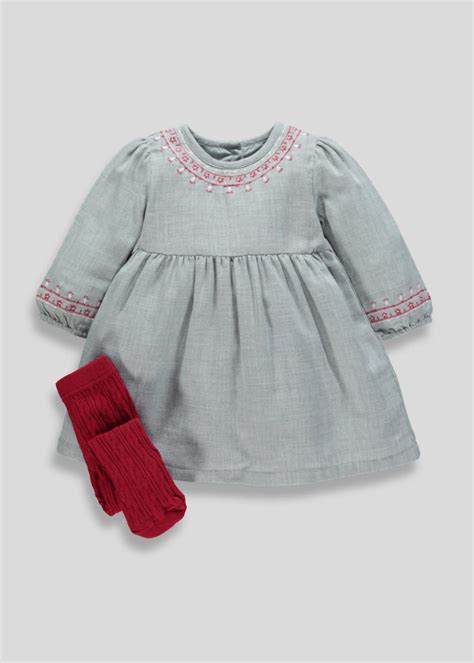Girls Embroidered Dress & Tights (Newborn-18mths) - Grey | Girl embroidered dress, Embroidered 