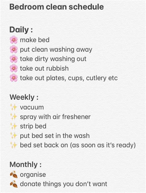 Making a list is a great way of a cleaning schedule could be the perfect way to distribute tasks between everyone in the house. Bedroom clean schedule | Cleaning my room, Clean bedroom ...