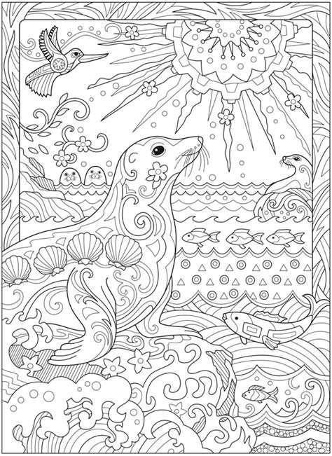 Printable sea turtle coloring pages for kids. Seal Sun from Creative Haven Fanciful Sea Life Coloring ...