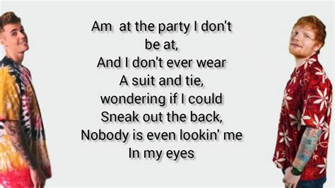 Ed sheeran] i'm at a party i don't wanna be at and i don't ever wear a suit and tie, yeah wonderin' if i could sneak out the back. I DON'T CARE LYRICS_Ed Sheeran x Justin Bieber Music ...