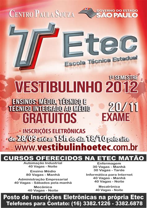 O vestibulinho etec 2020 é realizado todos os anos por aqueles que desejam fazer um curso técnico gratuito e de qualidade. Analder: Vestibulinho ETEC 1º Semestre 2012