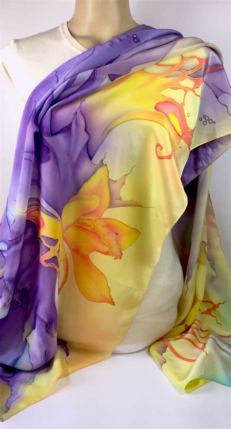 Orchid watercolor original watercolor illustration floral painting flower wall art painting orchid flower gift for her pink orange yellow for you, the orchid drawing with watercolor. Spectacular Hand Painted Silk Scarf Purple Yellow Orchid ...