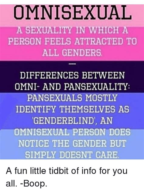 Bisexual and pansexual identities (gender and sexualities in psychology). OMNISEXUAL a SEXUALITY IN WHICH a PERSON FEELS ATTRACTED ...